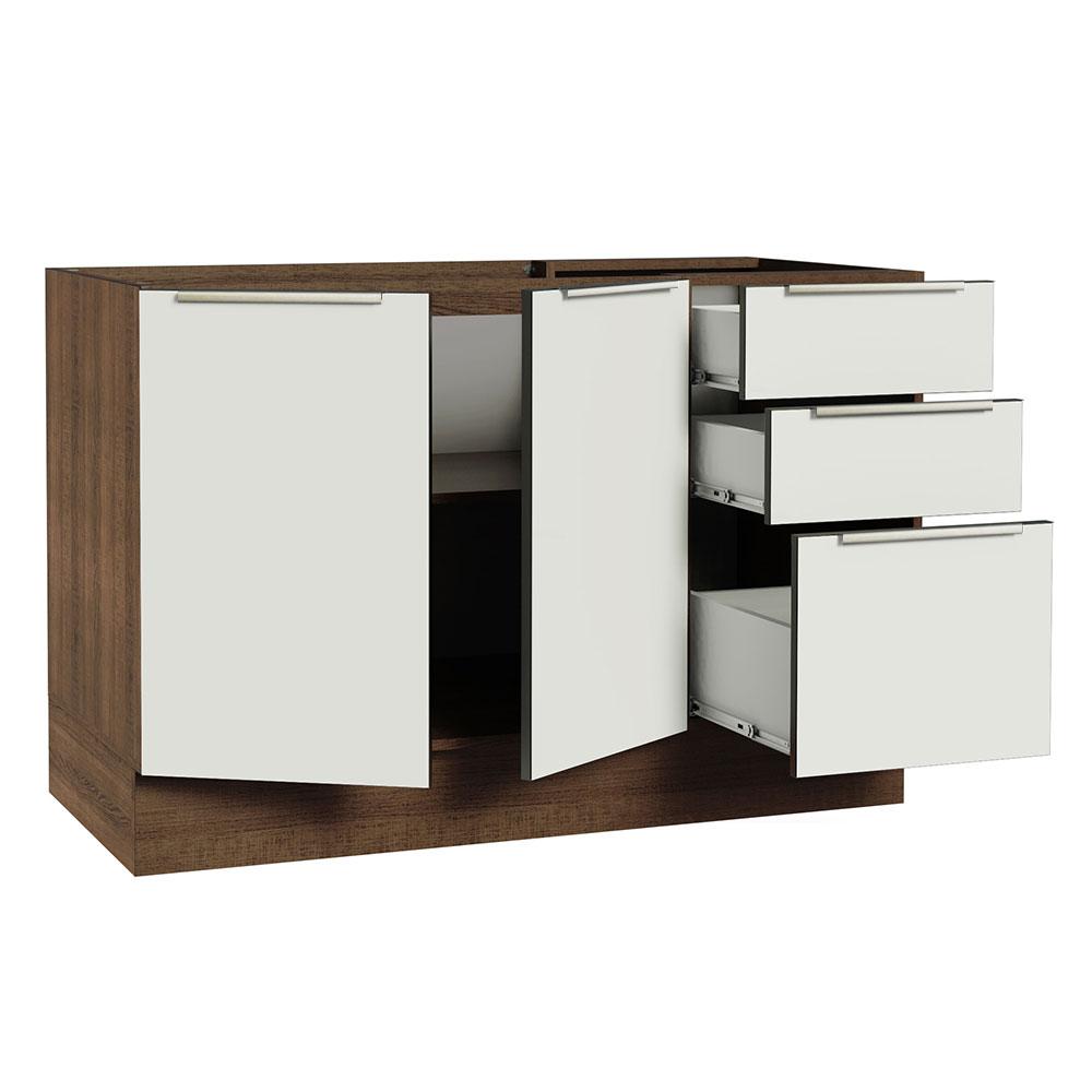 Balcão Gabinete de Pia Madesa Lux 120 cm 2 Portas 3 Gavetas (Sem Tampo) - Rustic/Branco Veludo