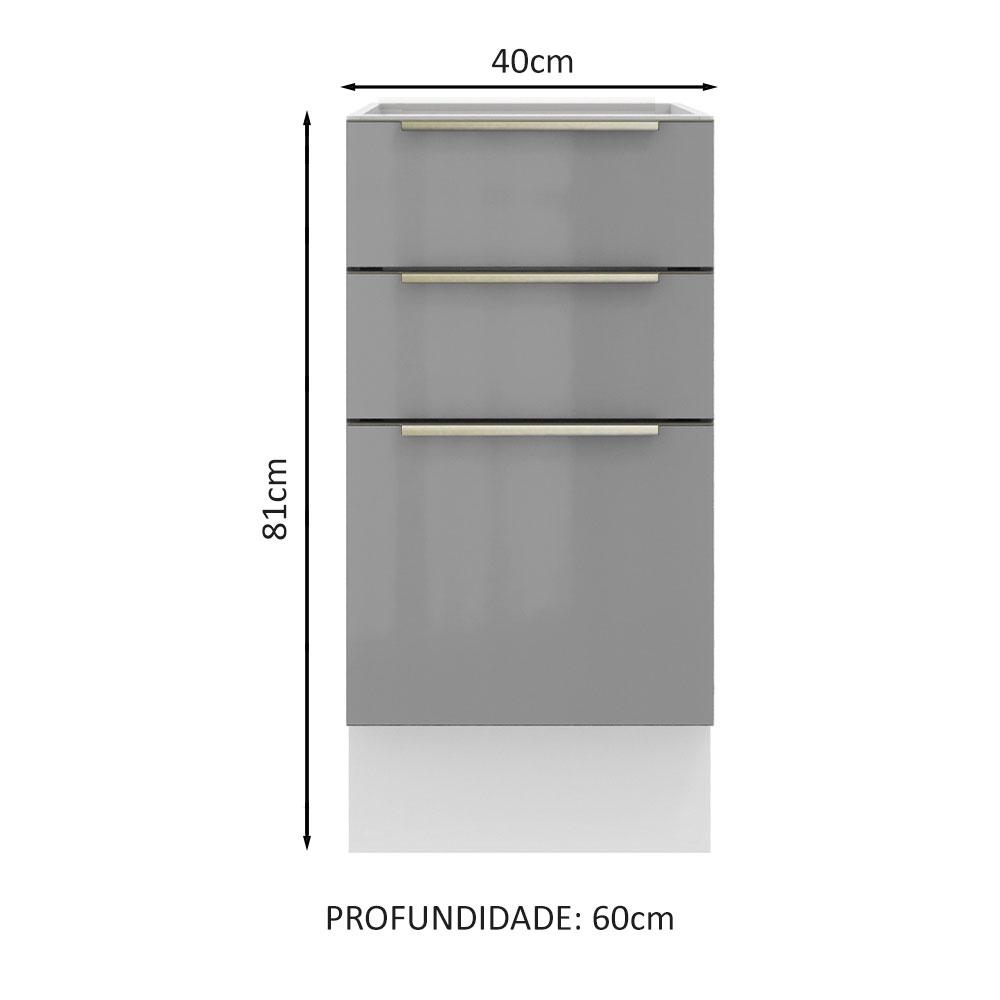 Balcão Madesa Lux 40 cm 3 Gavetas (Sem Tampo) - Branco/Cinza
