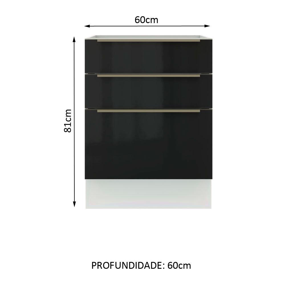 Balcão Madesa Lux 60 cm 3 Gavetas - Branco/Preto