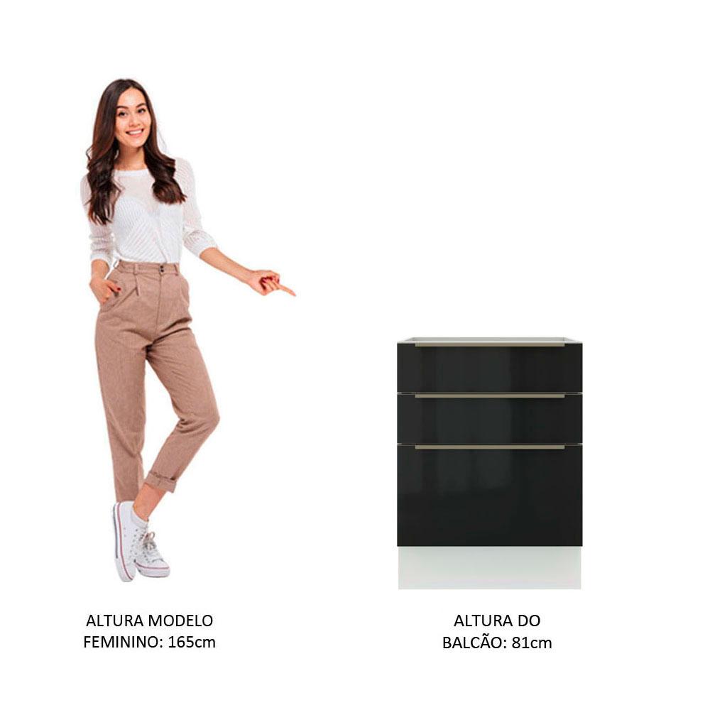 Balcão Madesa Lux 60 cm 3 Gavetas - Branco/Preto