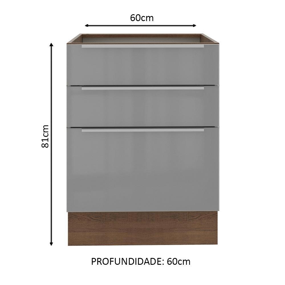 Balcão Madesa Lux 60 cm 3 Gavetas - Rustic/Cinza