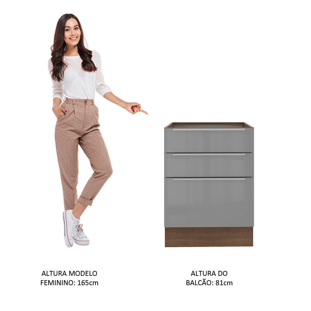 Balcão Madesa Lux 60 cm 3 Gavetas - Rustic/Cinza
