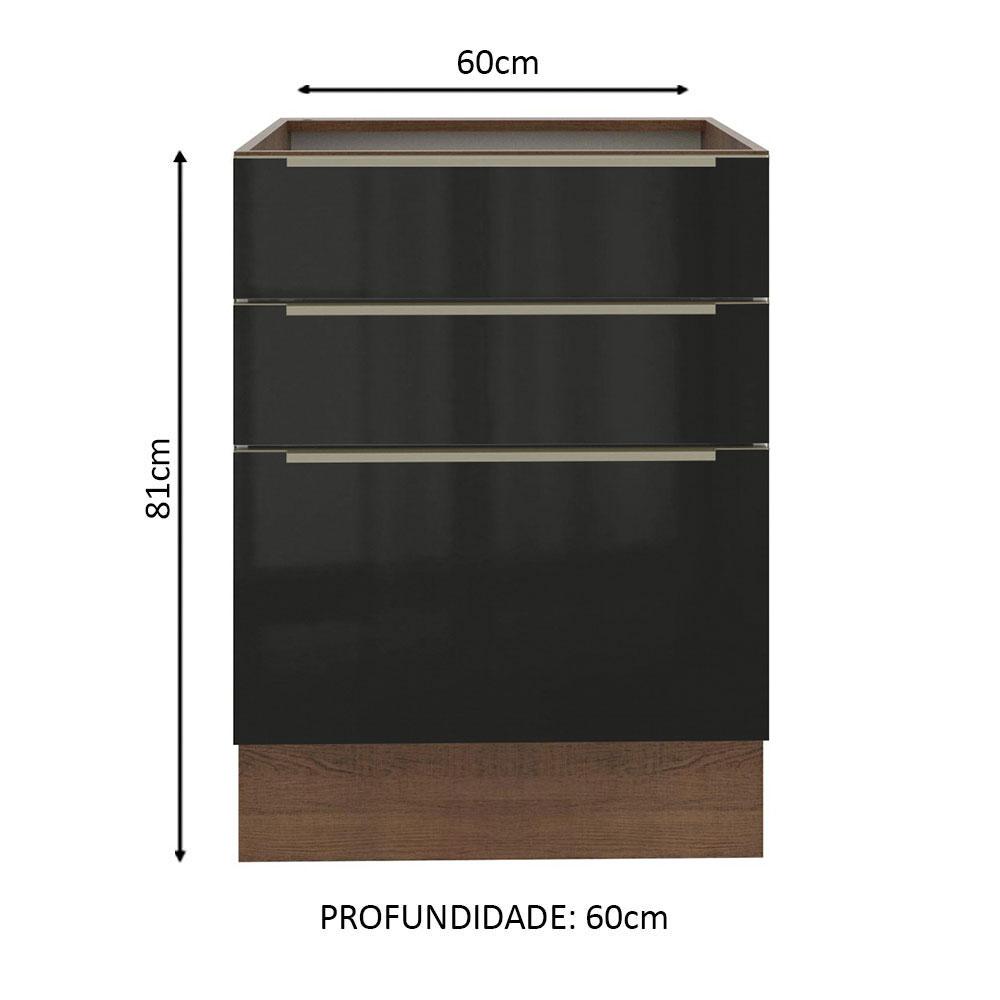 Balcão Madesa Lux 60 cm 3 Gavetas - Rustic/Preto