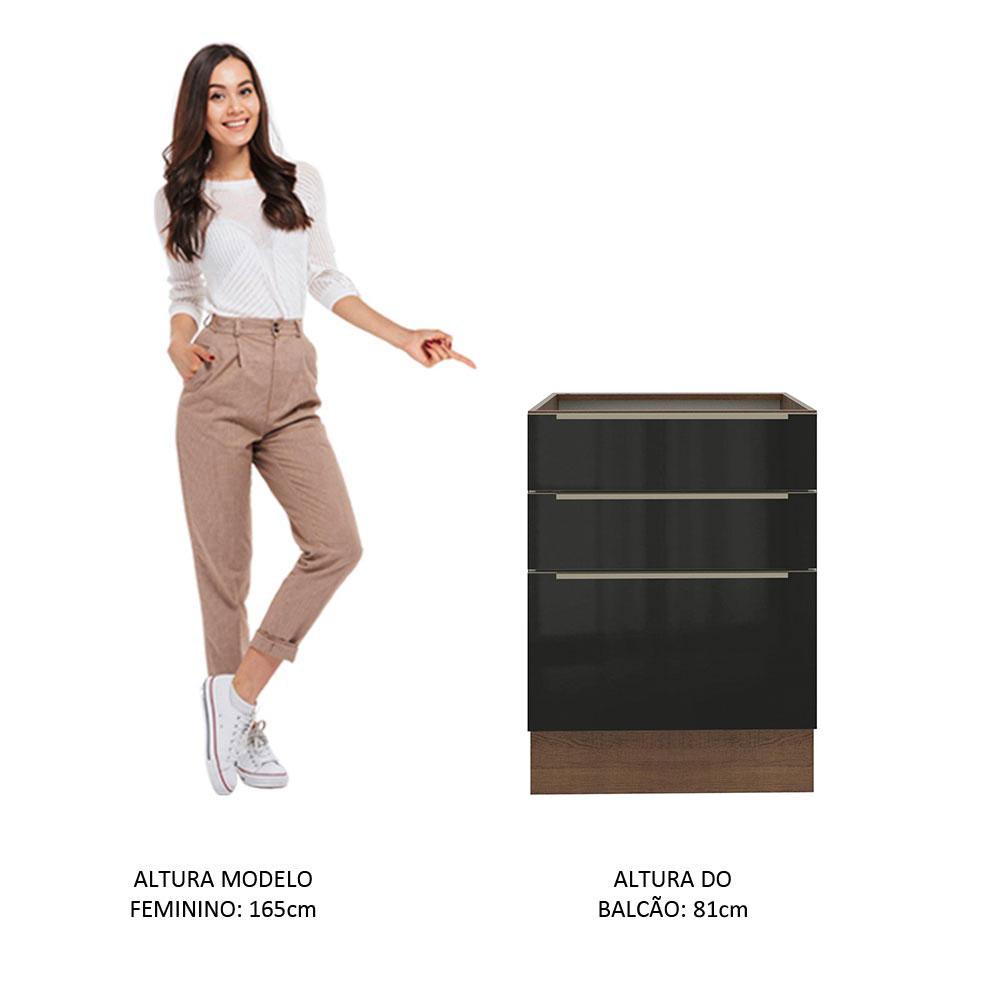 Balcão Madesa Lux 60 cm 3 Gavetas - Rustic/Preto
