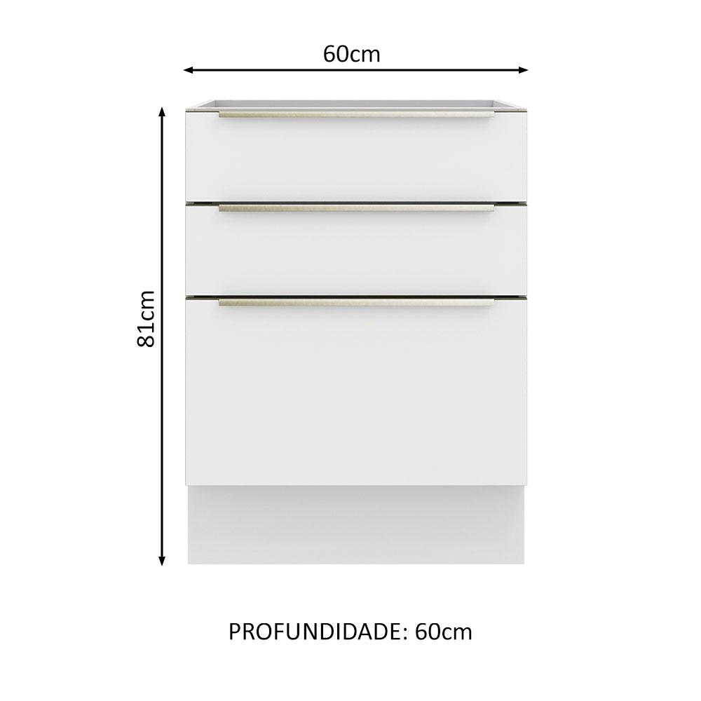 Balcão Madesa Lux 60 cm 3 Gavetas (Sem Tampo) - Branco/Branco Veludo