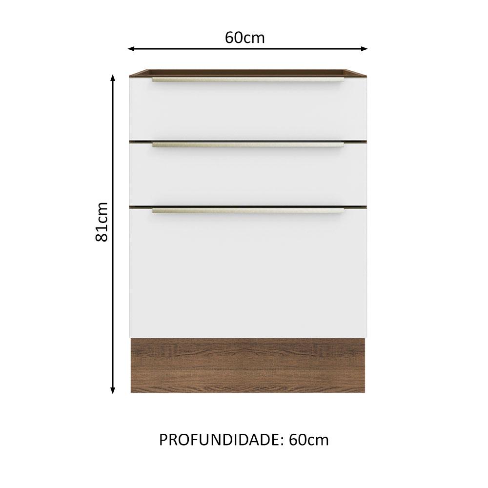 Balcão Madesa Lux 60 cm 3 Gavetas (Sem Tampo) - Rustic/Branco Veludo