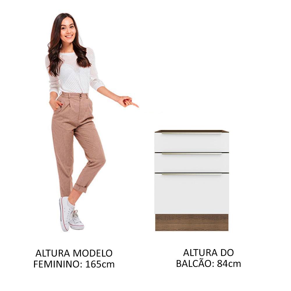 Balcão Madesa Lux 60 cm 3 Gavetas (Sem Tampo) - Rustic/Branco Veludo