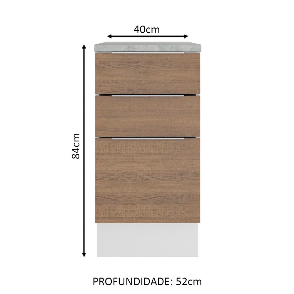 Balcão Madesa Stella 40 cm 3 Gavetas - Branco/Rustic