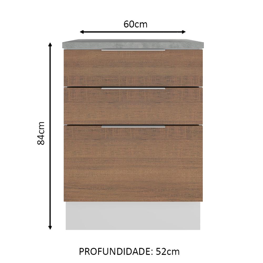 Balcão Madesa Stella 60 cm 3 Gavetas - Branco/Rustic