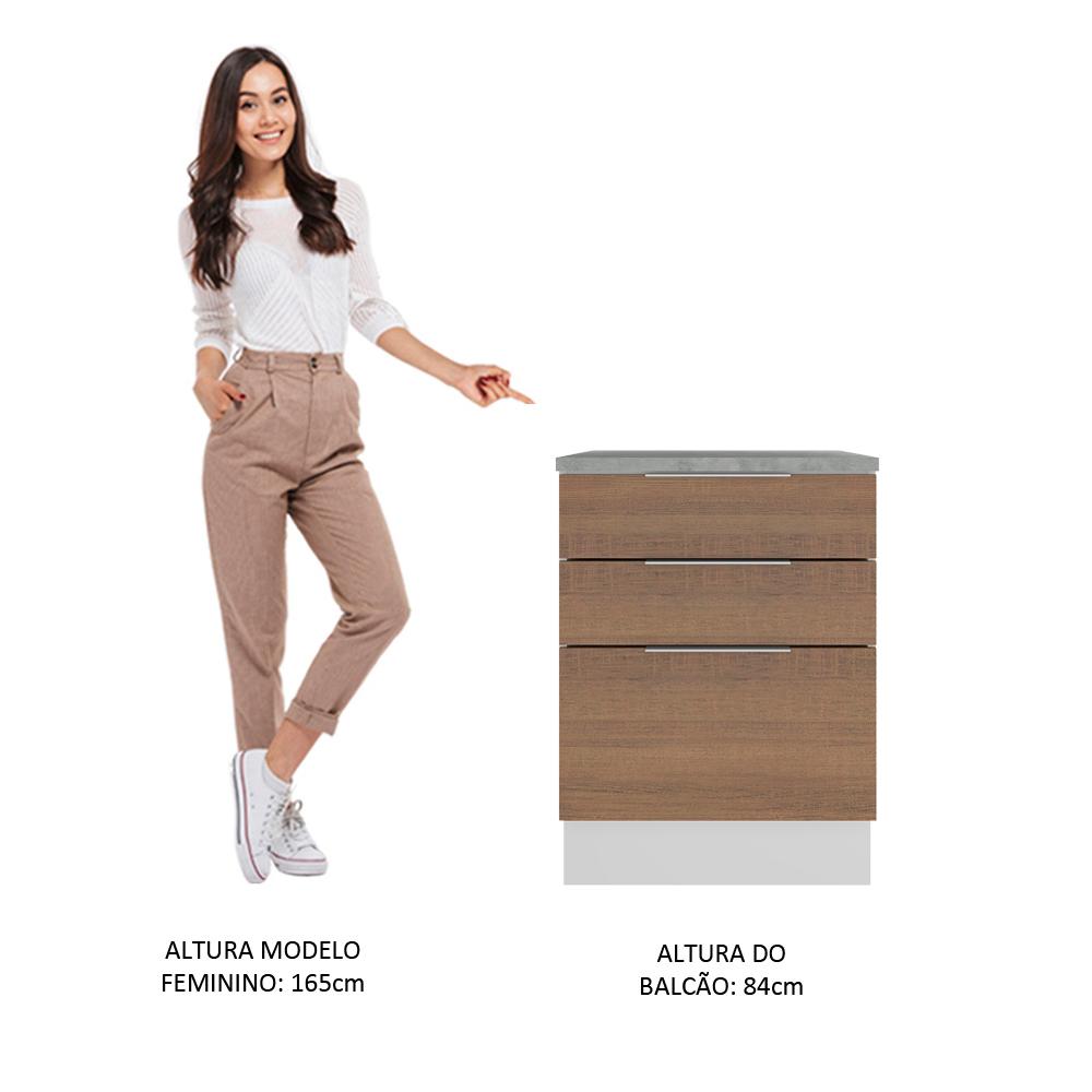 Balcão Madesa Stella 60 cm 3 Gavetas - Branco/Rustic