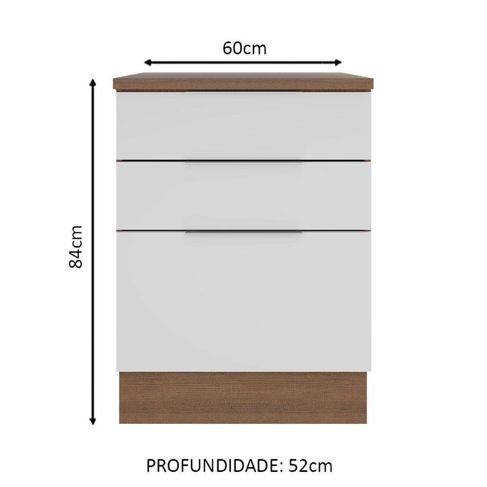 Balcão Madesa Stella 60 cm 3 Gavetas - Rustic/Branco