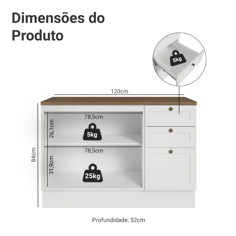 Balcão de Cozinha 120 cm 2 Portas 3 Gavetas Branco Tampo Rustic Vik Madesa