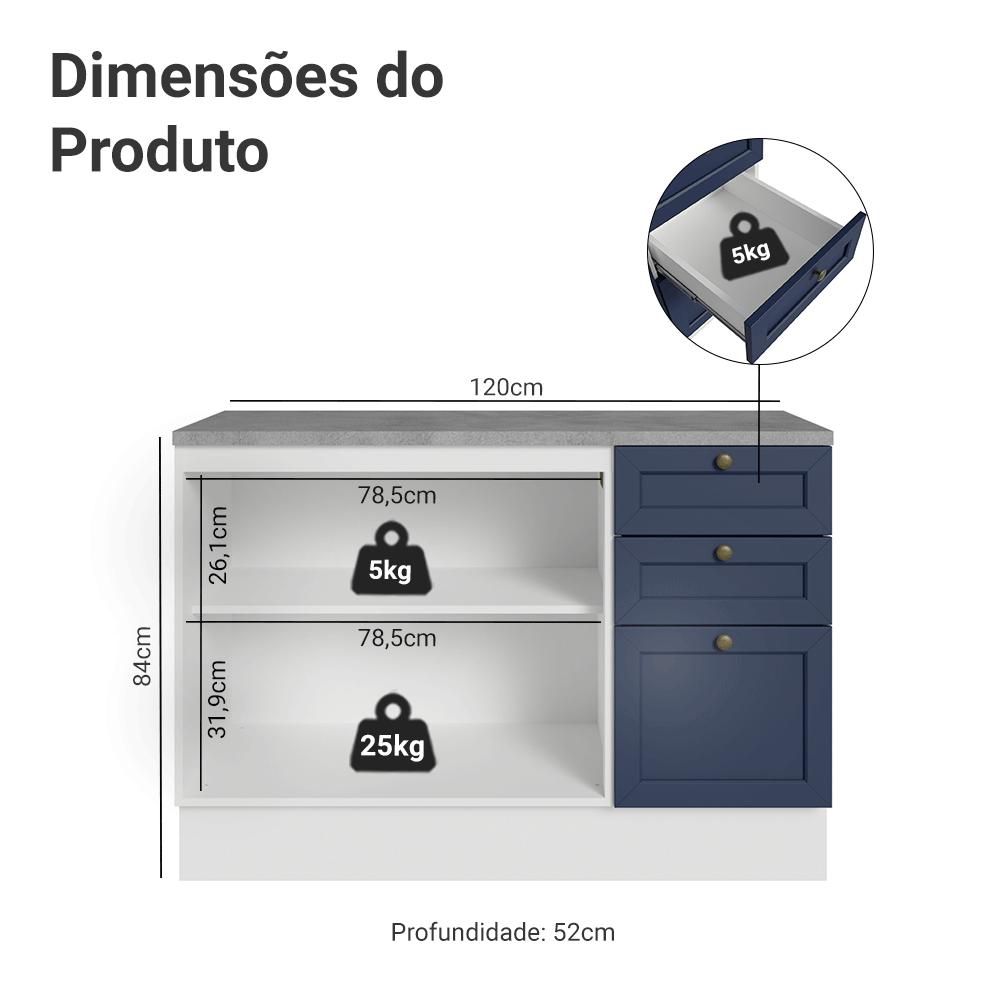 Balcão de Cozinha 120 cm 2 Portas 3 Gavetas Branco/Azul Vik Madesa