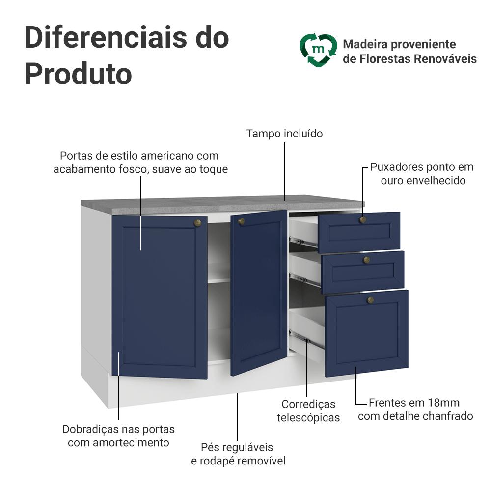 Balcão de Cozinha 120 cm 2 Portas 3 Gavetas Branco/Azul Vik Madesa