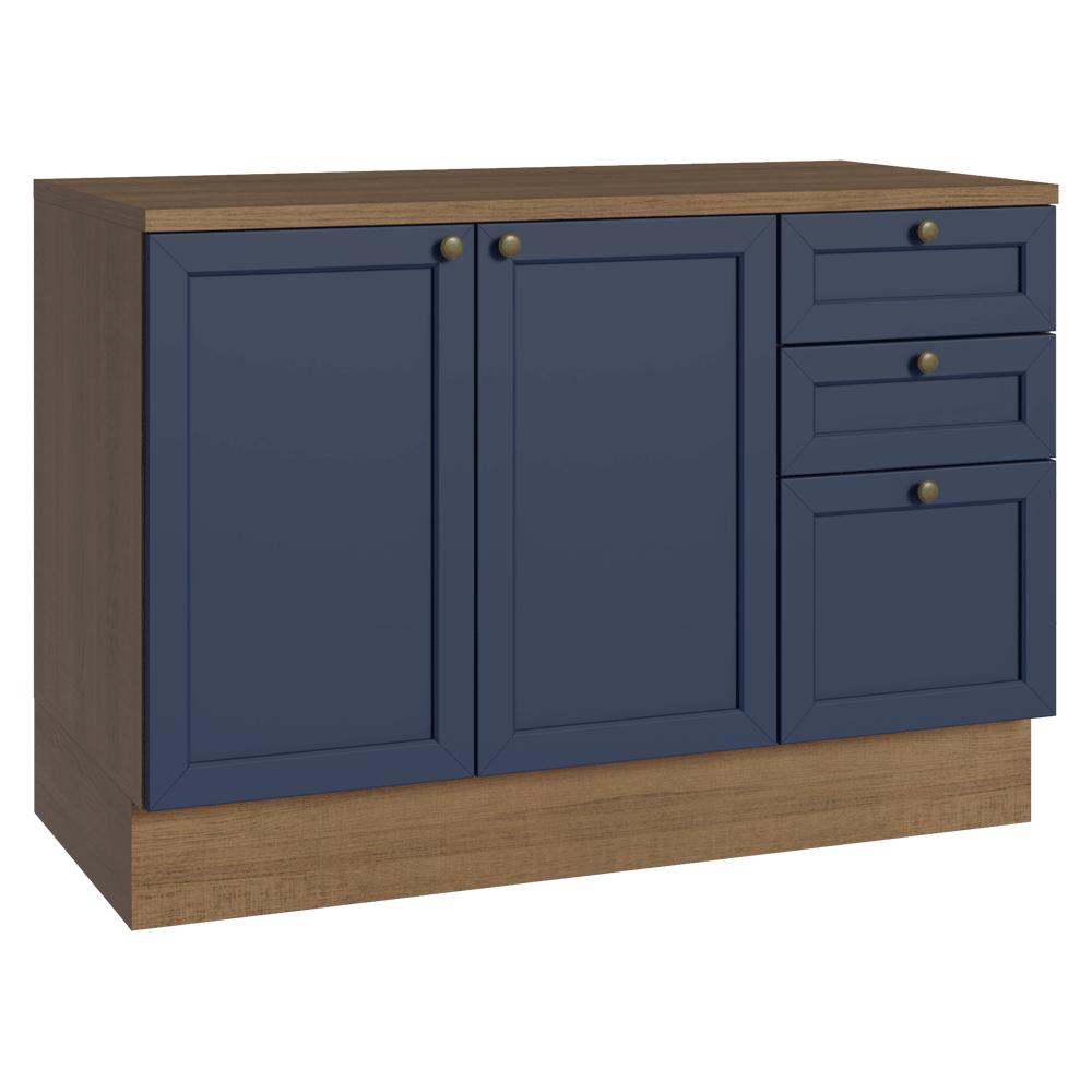 Balcão de Cozinha 120 cm 2 Portas 3 Gavetas Rustic/Azul Vik Madesa