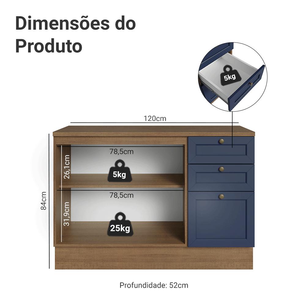 Balcão de Cozinha 120 cm 2 Portas 3 Gavetas Rustic/Azul Vik Madesa