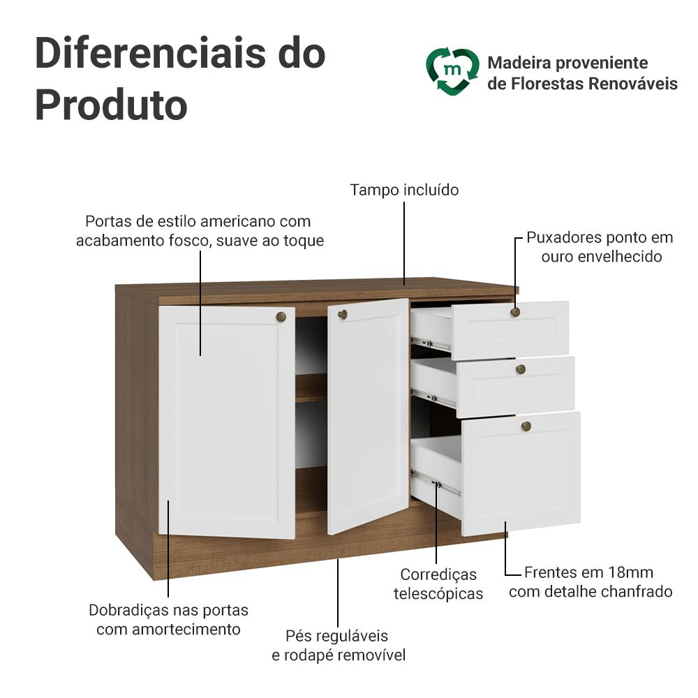 Balcão de Cozinha 120 cm 2 Portas 3 Gavetas Rustic/Branco Vik Madesa
