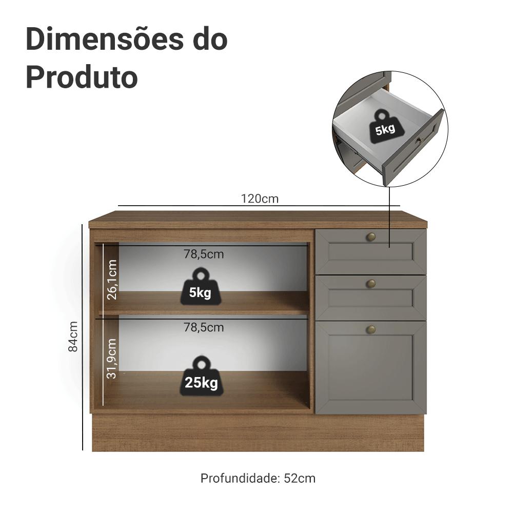 Balcão de Cozinha 120 cm 2 Portas 3 Gavetas Rustic/Cinza Vik Madesa