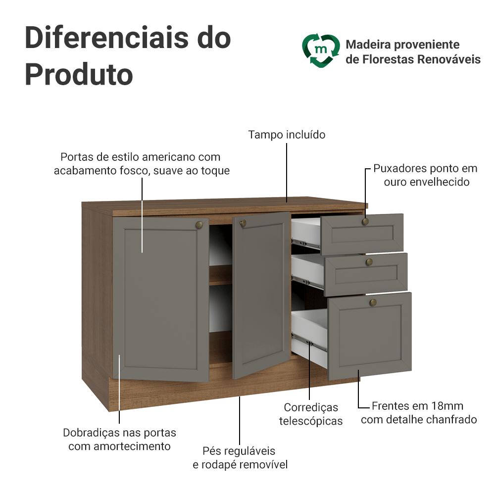 Balcão de Cozinha 120 cm 2 Portas 3 Gavetas Rustic/Cinza Vik Madesa