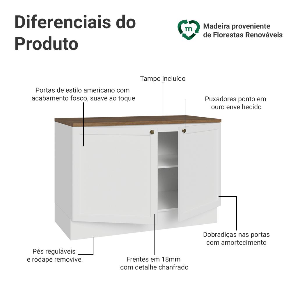 Balcão de Cozinha 120 cm 2 Portas Branco Tampo Rustic Vik Madesa
