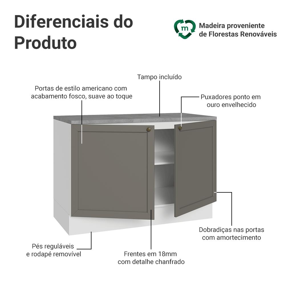 Balcão de Cozinha 120 cm 2 Portas Branco/Cinza Vik Madesa