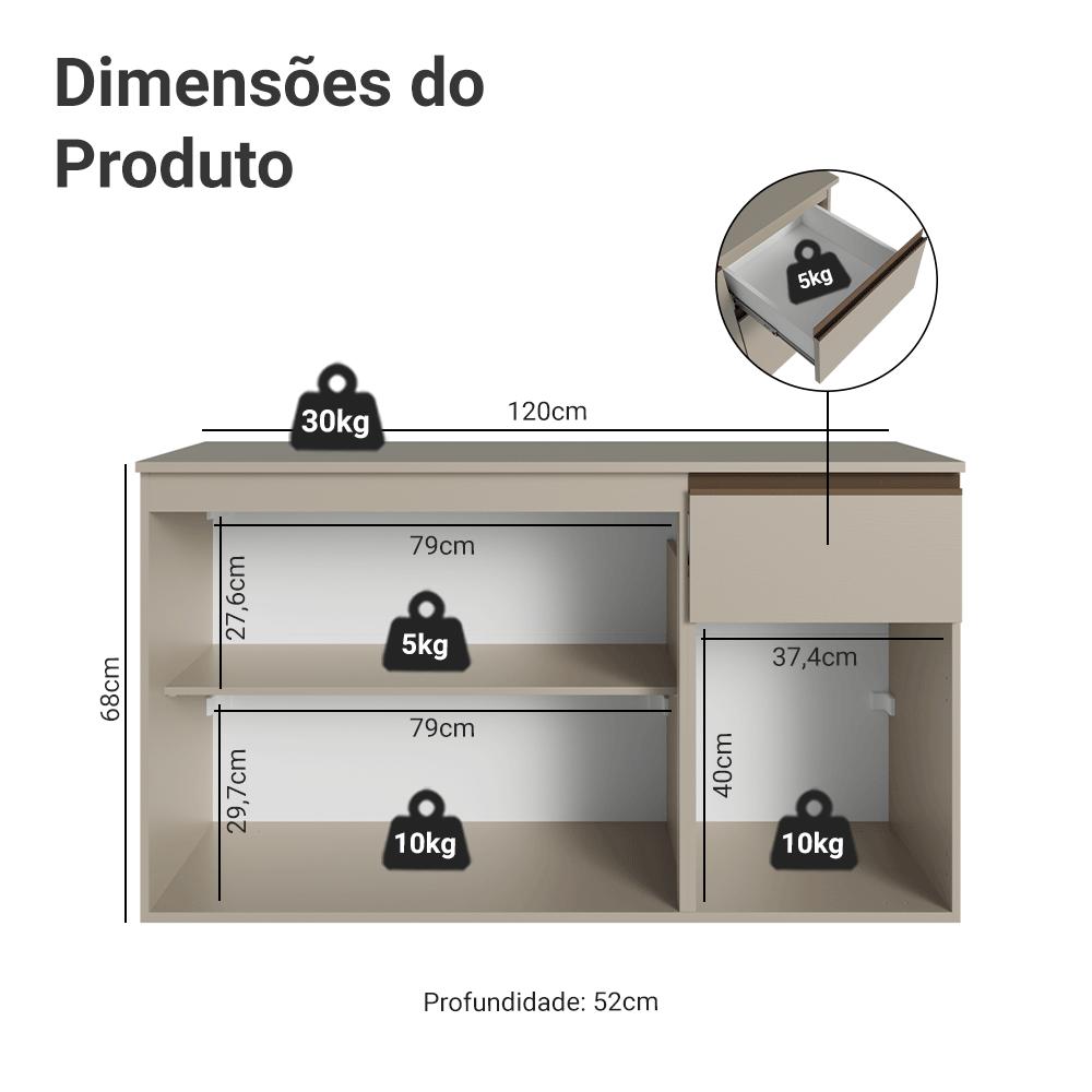 Balcão de Cozinha 120 cm 3 Portas 1 Gaveta Suspenso Crema Nice Madesa