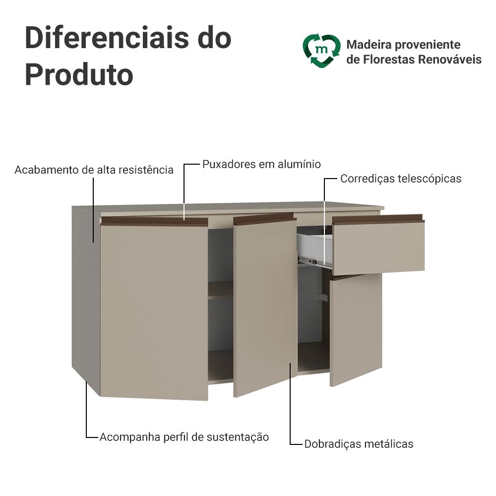 Balcão de Cozinha 120 cm 3 Portas 1 Gaveta Suspenso Crema Nice Madesa