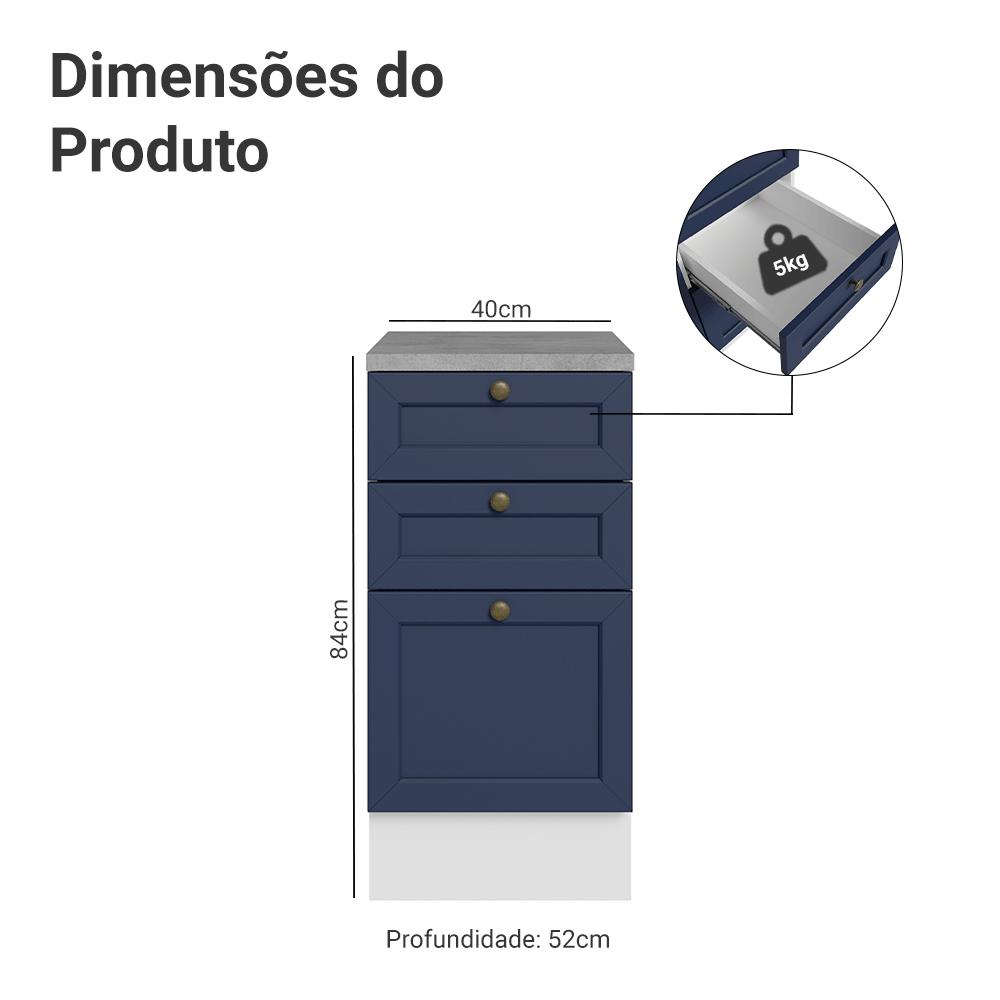 Balcão de Cozinha 40 cm 3 Gavetas Branco/Azul Vik Madesa
