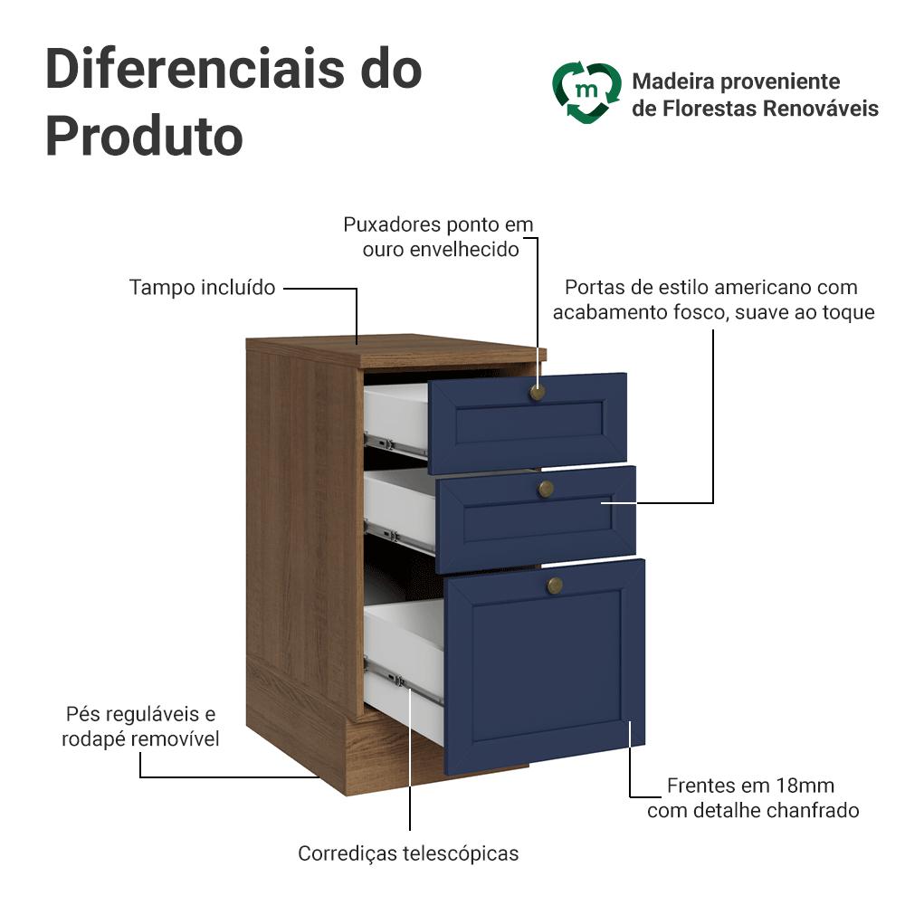 Balcão de Cozinha 40 cm 3 Gavetas Rustic/Azul Vik Madesa