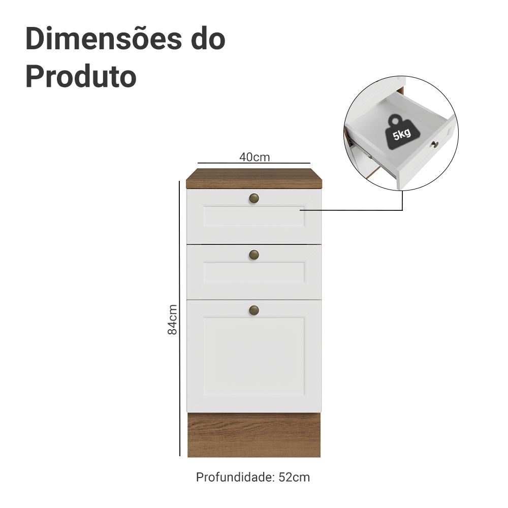 Balcão de Cozinha 40 cm 3 Gavetas Rustic/Branco Vik Madesa