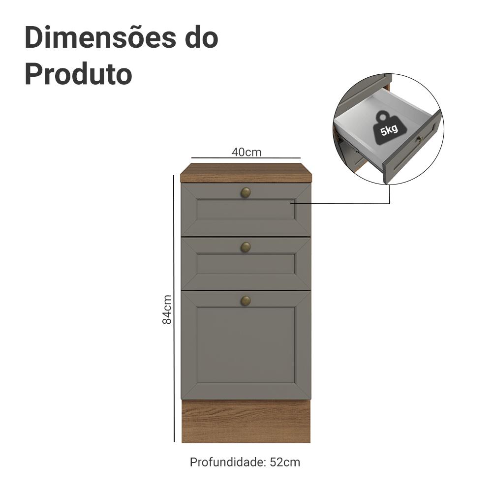 Balcão de Cozinha 40 cm 3 Gavetas Rustic/Cinza Vik Madesa