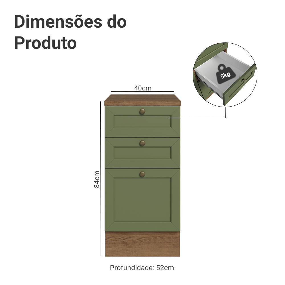 Balcão de Cozinha 40 cm 3 Gavetas Rustic/Verde Vik Madesa