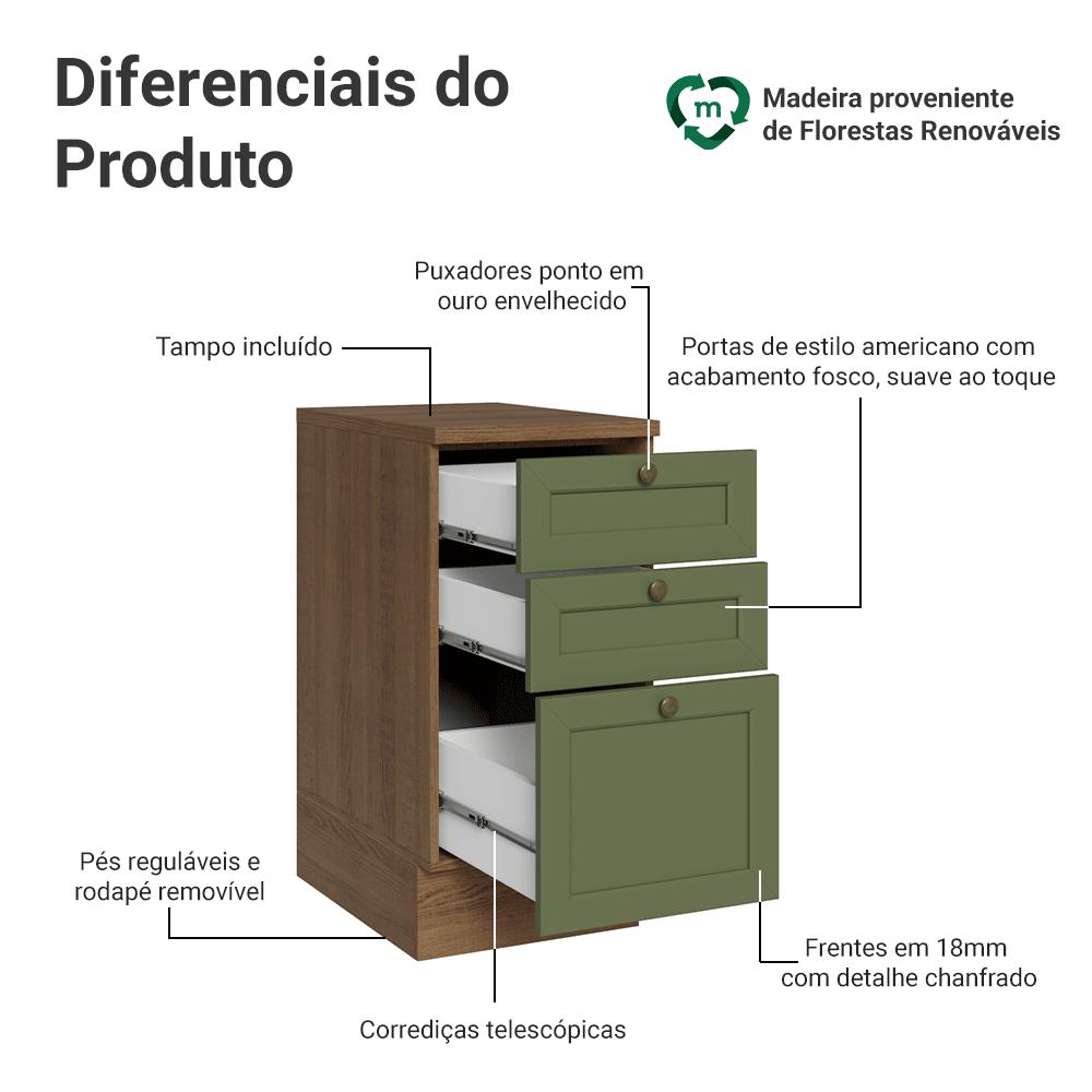 Balcão de Cozinha 40 cm 3 Gavetas Rustic/Verde Vik Madesa