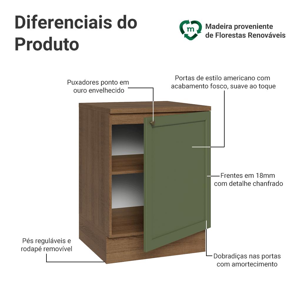 Balcão de Cozinha 60 cm 1 Porta Rustic/Verde Vik Madesa