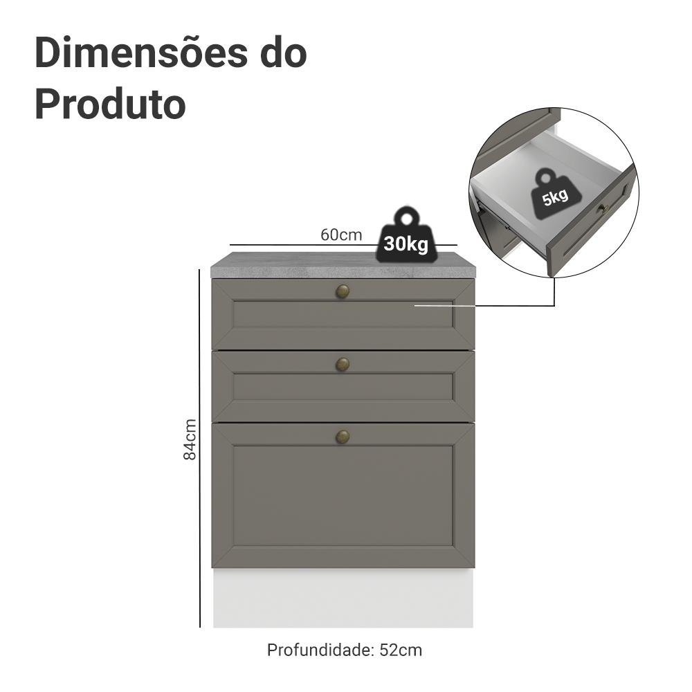Balcão de Cozinha 60 cm 3 Gavetas Branco/Cinza Vik Madesa