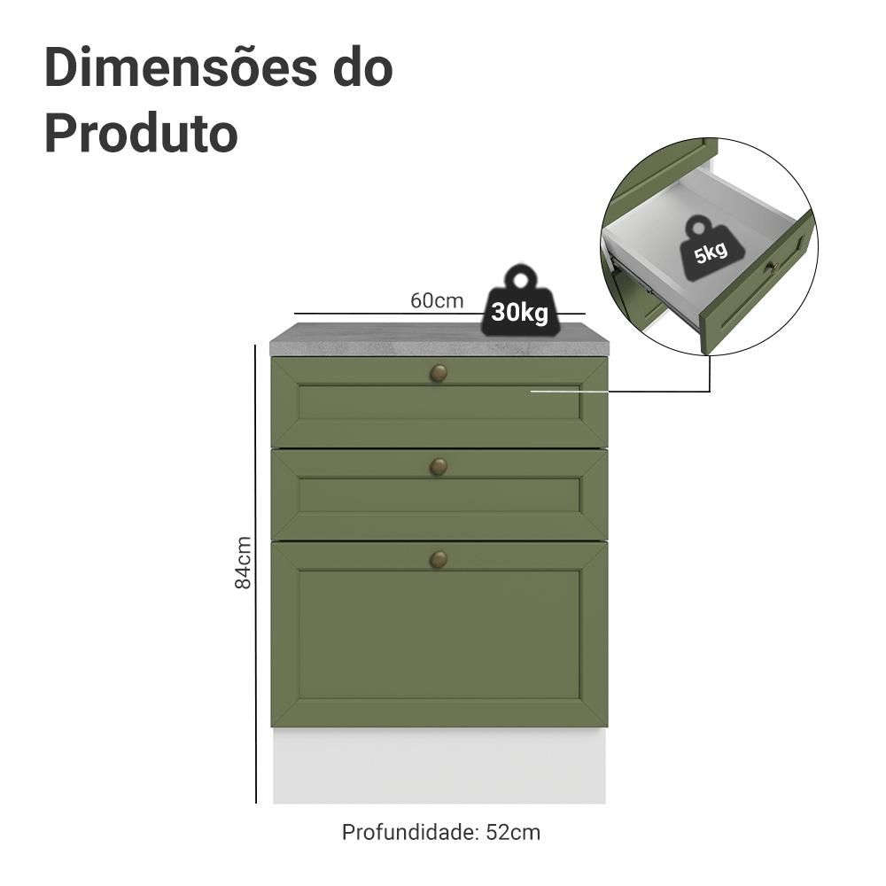 Balcão de Cozinha 60 cm 3 Gavetas Branco/Verde Vik Madesa