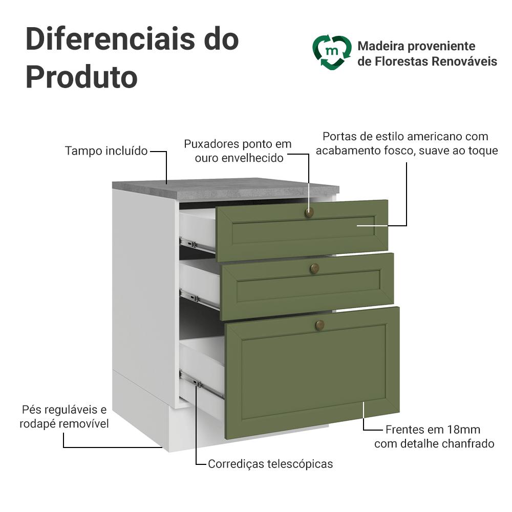 Balcão de Cozinha 60 cm 3 Gavetas Branco/Verde Vik Madesa