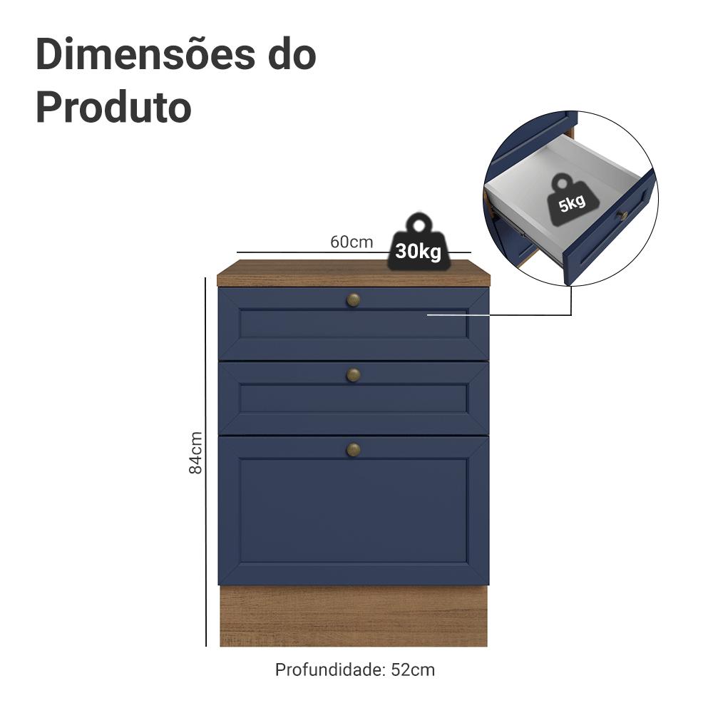 Balcão de Cozinha 60 cm 3 Gavetas Rustic/Azul Vik Madesa
