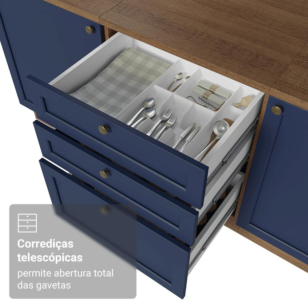 Balcão de Cozinha 60 cm 3 Gavetas Rustic/Azul Vik Madesa