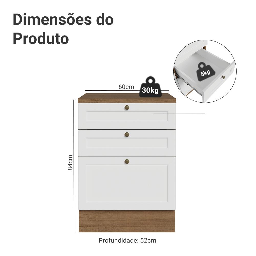 Balcão de Cozinha 60 cm 3 Gavetas Rustic/Branco Vik Madesa