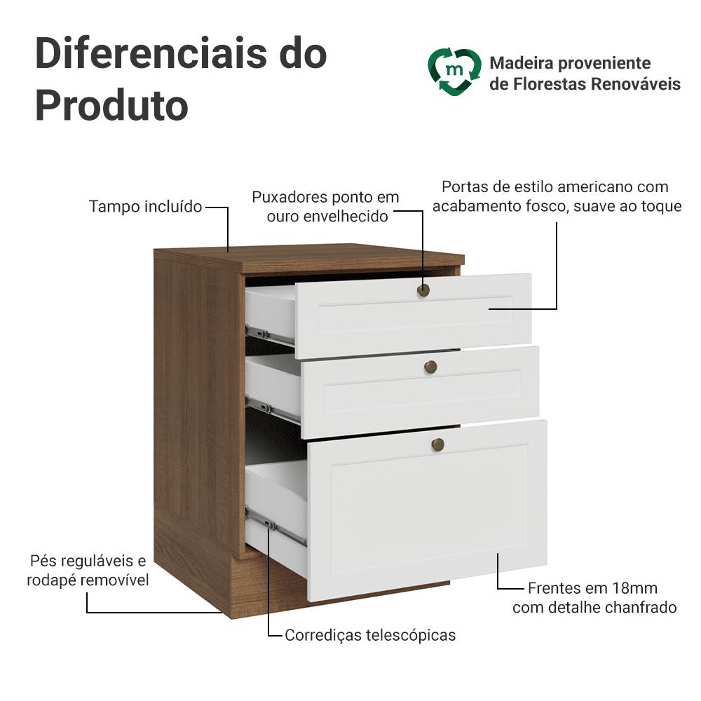 Balcão de Cozinha 60 cm 3 Gavetas Rustic/Branco Vik Madesa