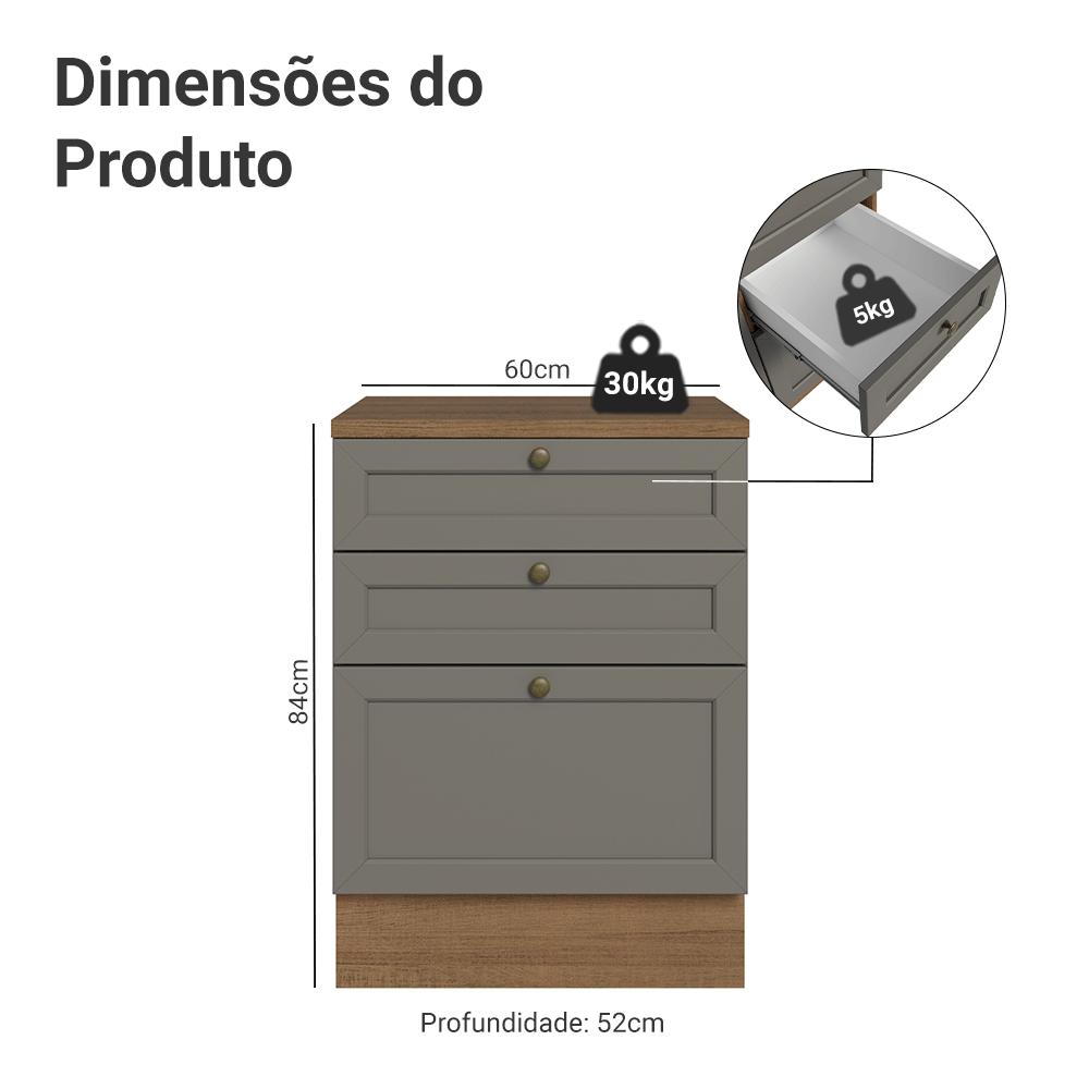 Balcão de Cozinha 60 cm 3 Gavetas Rustic/Cinza Vik Madesa