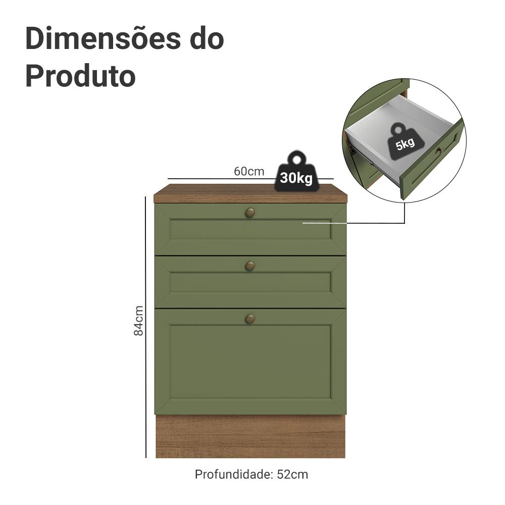 Balcão de Cozinha 60 cm 3 Gavetas Rustic/Verde Vik Madesa