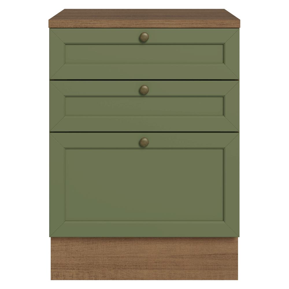 Balcão de Cozinha 60 cm 3 Gavetas Rustic/Verde Vik Madesa