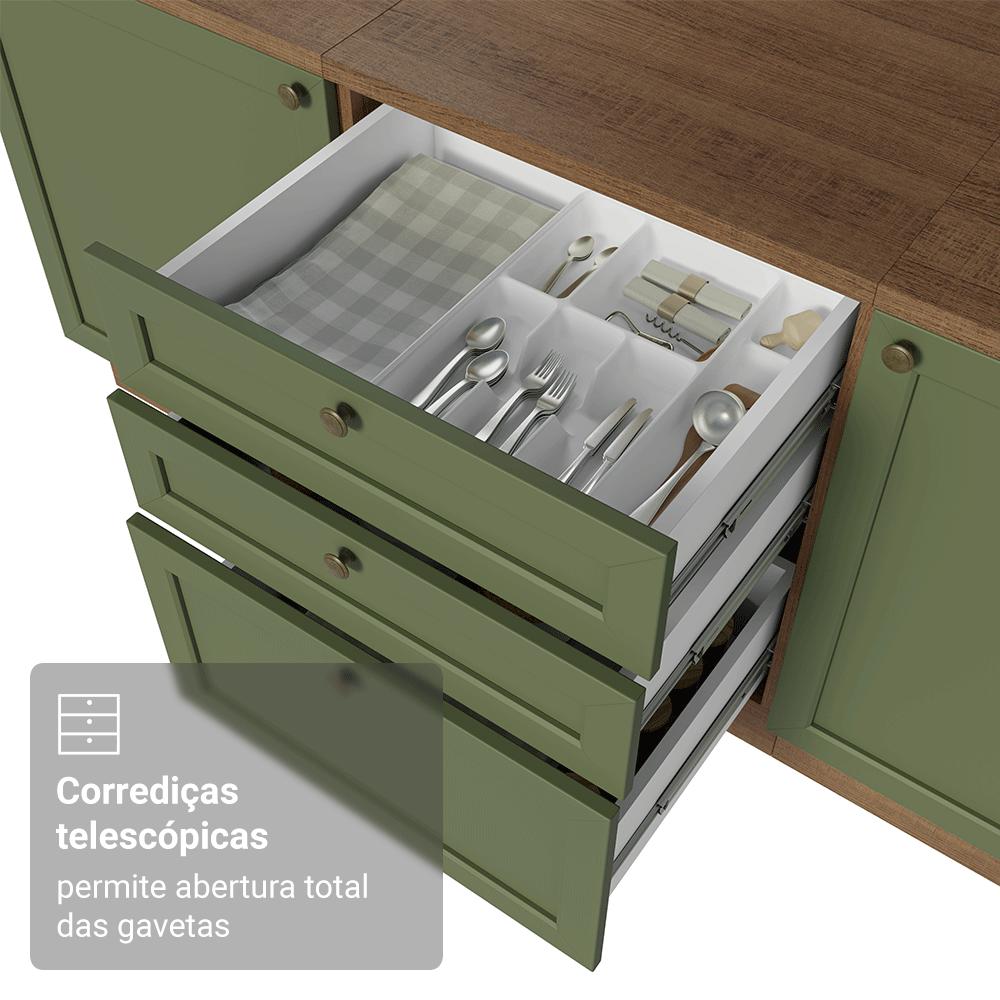 Balcão de Cozinha 60 cm 3 Gavetas Rustic/Verde Vik Madesa