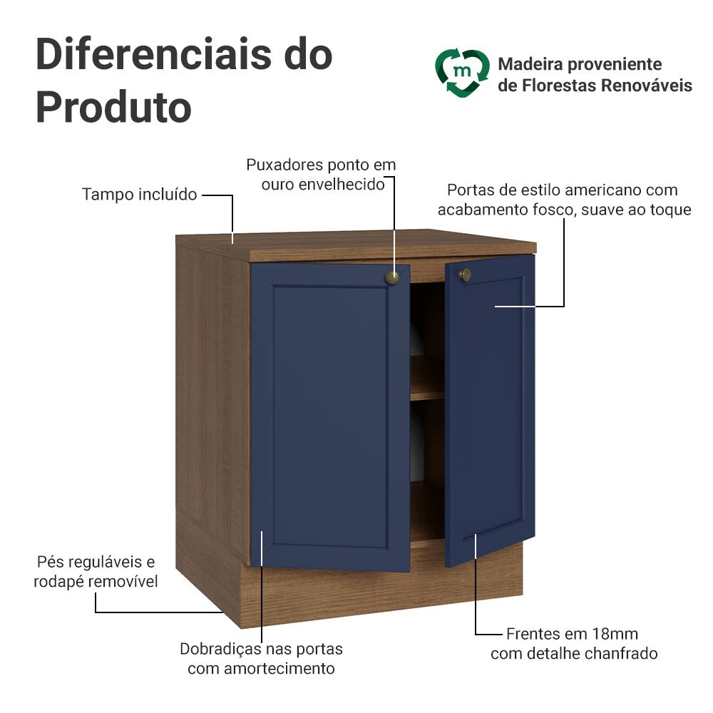 Balcão de Cozinha 70 cm 2 Portas Rustic/Azul Vik Madesa