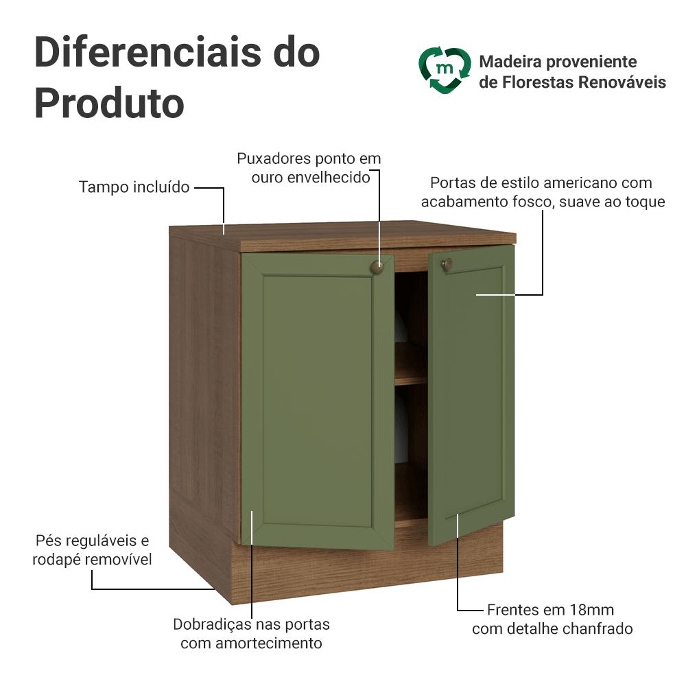 Balcão de Cozinha 70 cm 2 Portas Rustic/Verde Vik Madesa