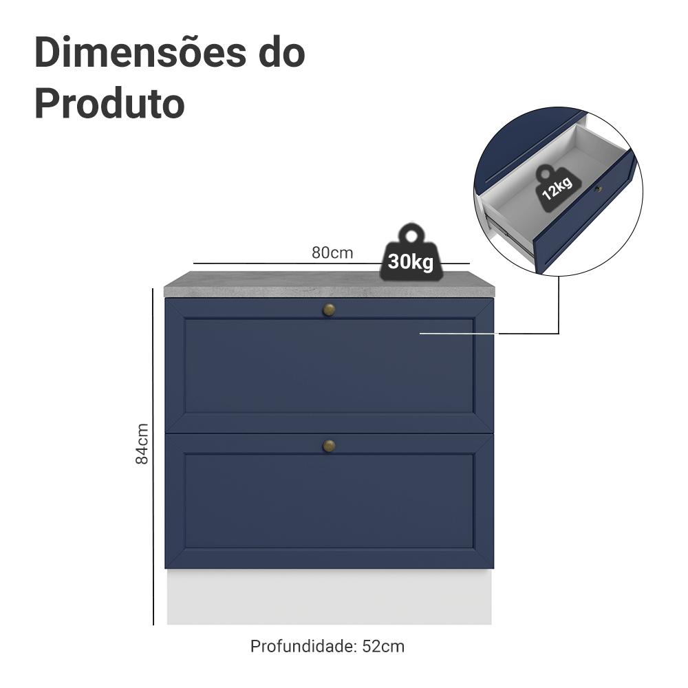 Balcão de Cozinha 80 cm 2 Gavetas Branco/Azul Vik Madesa