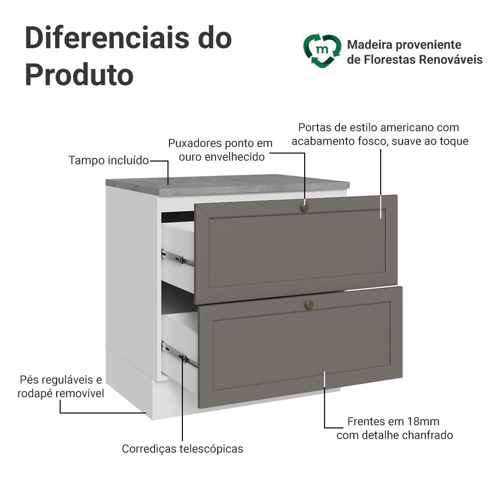 Balcão de Cozinha 80 cm 2 Gavetas Branco/Cinza Vik Madesa