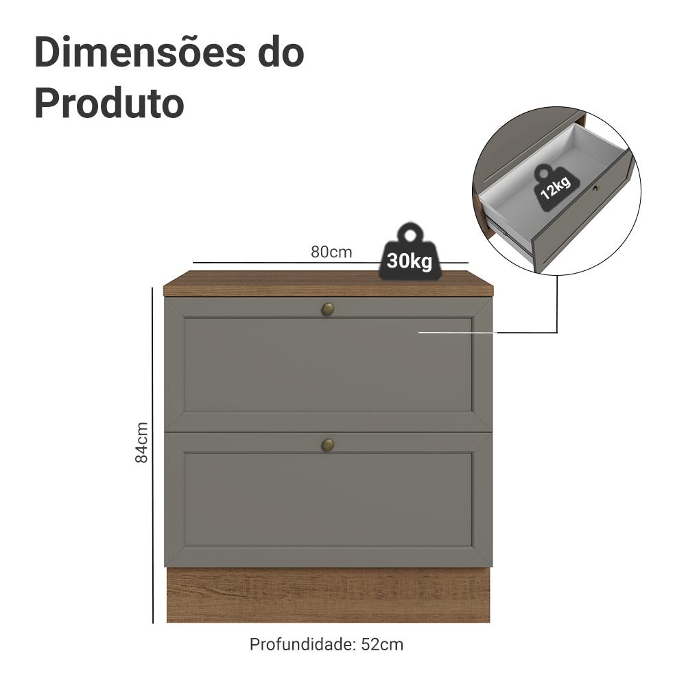 Balcão de Cozinha 80 cm 2 Gavetas Rustic/Cinza Vik Madesa